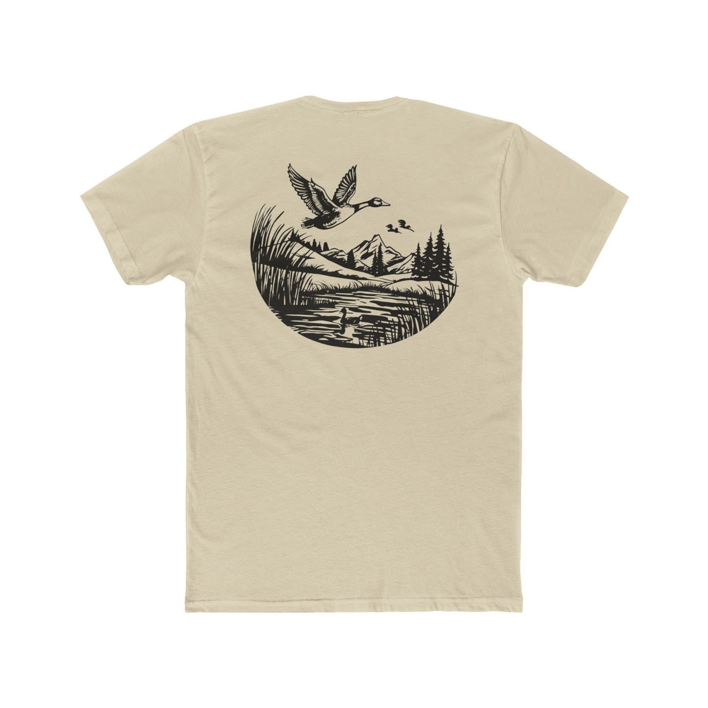 Cream t-shirt with graphic of a duck, mountains, pine trees, and a lake #cream