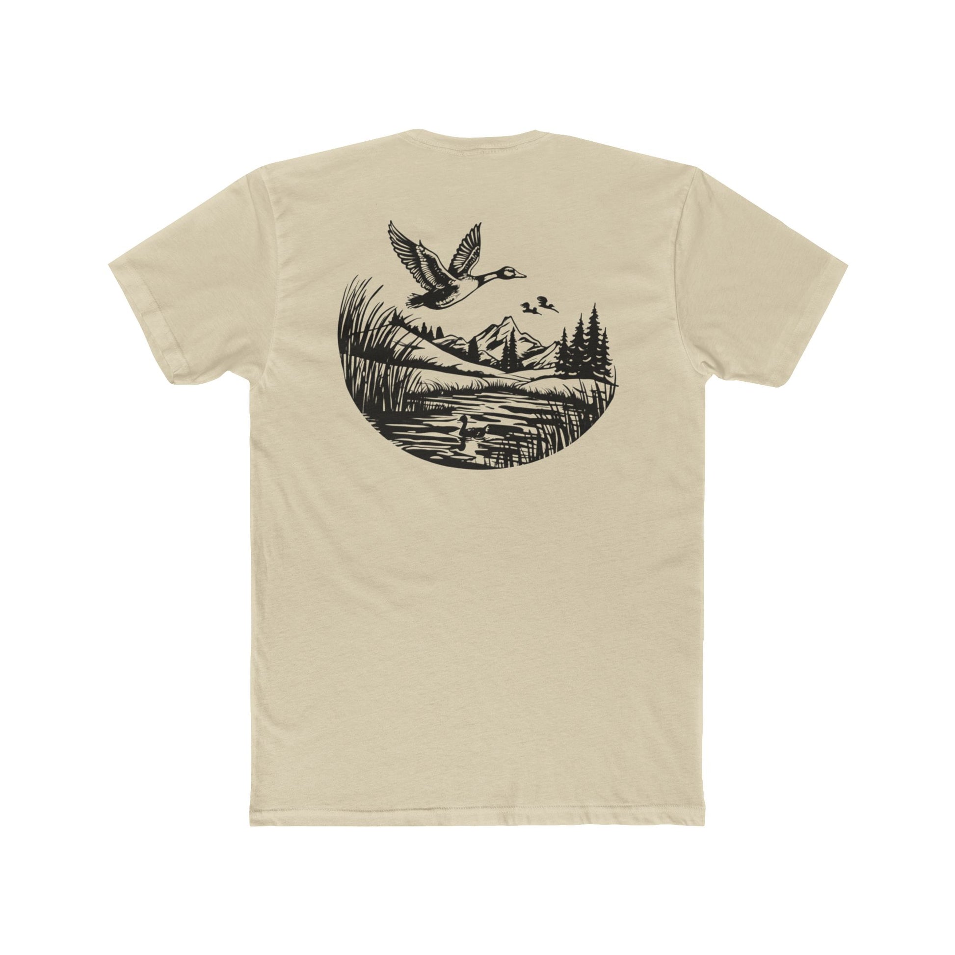 Cream t-shirt with graphic of a duck, mountains, pine trees, and a lake #cream