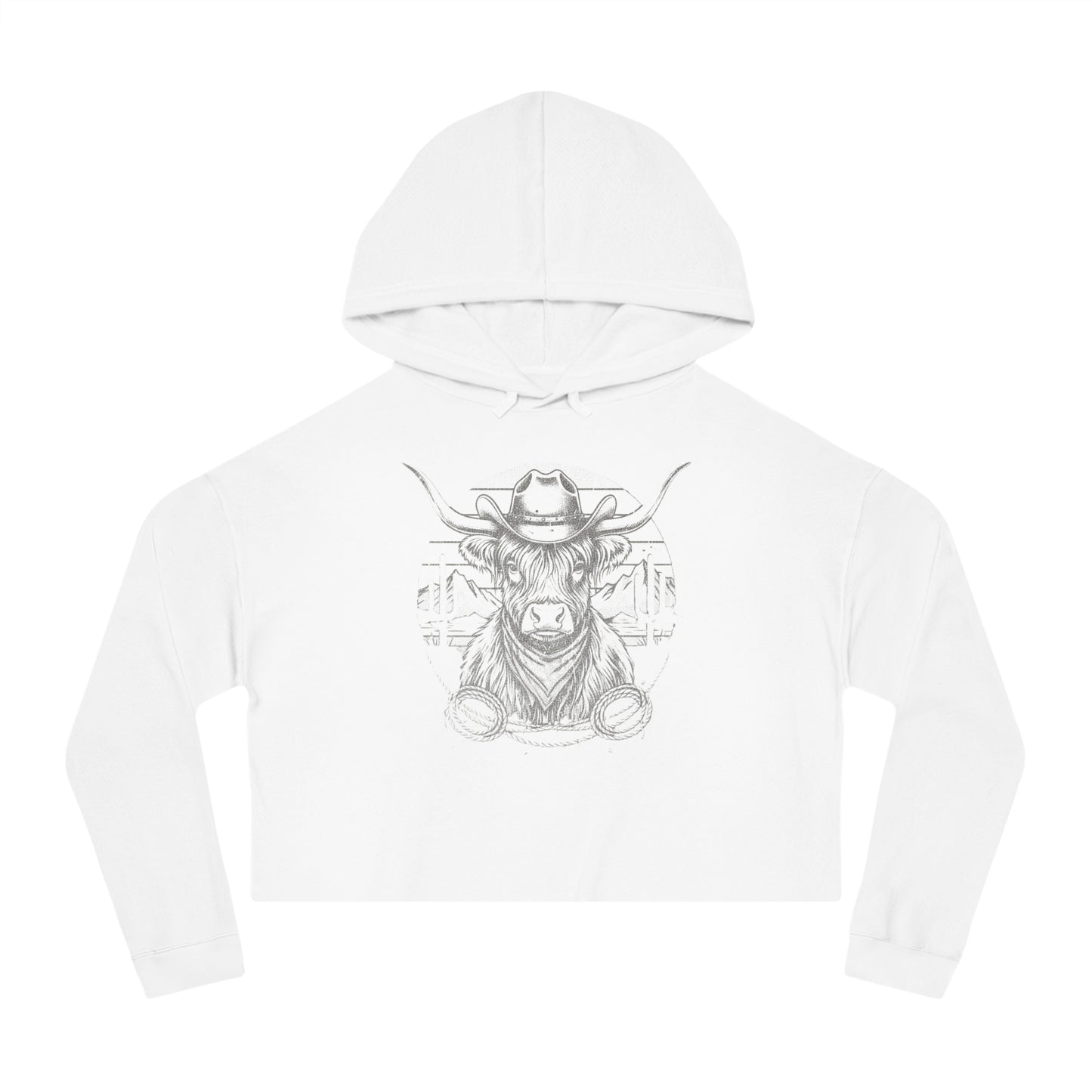 White hoodie with white highland cow and desert landscape graphic design on a white background #white