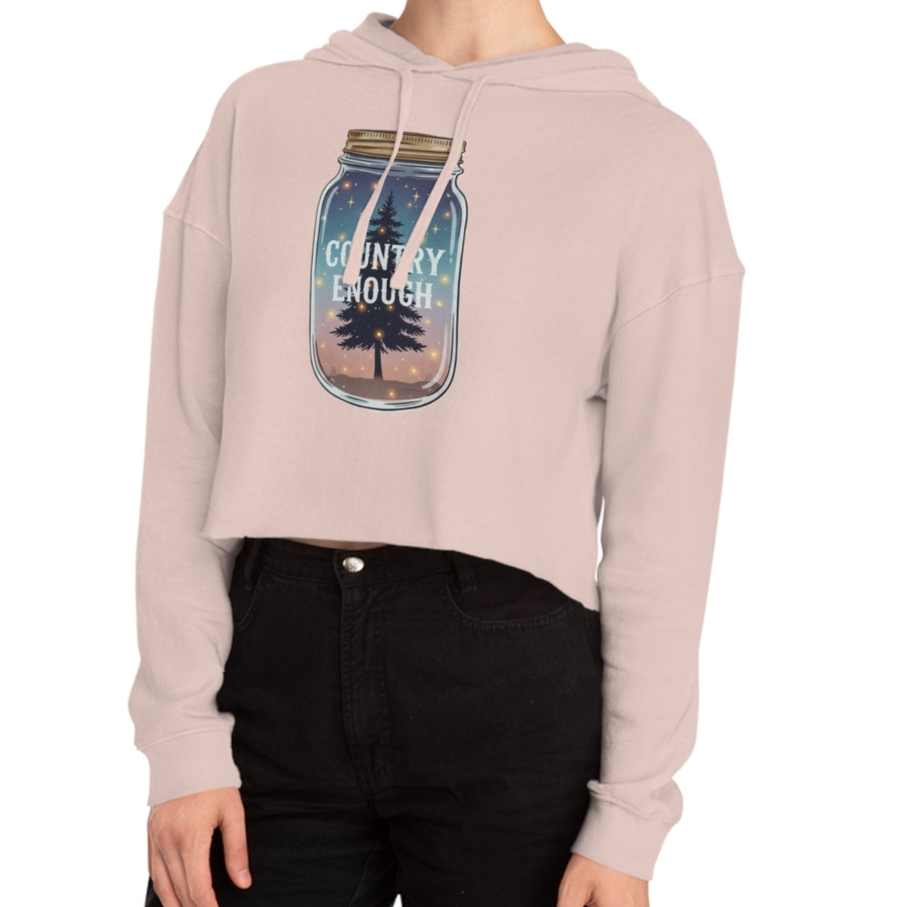 Pale pink crop hoodie with mason jar, pine trees, and stars graphic #palepink