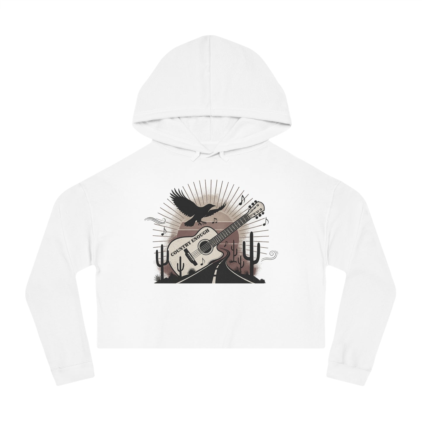 White crop hoodie with a graphic of a guitar, a soaring desert bird, cactus silhouettes, and a sunset over a winding road #white