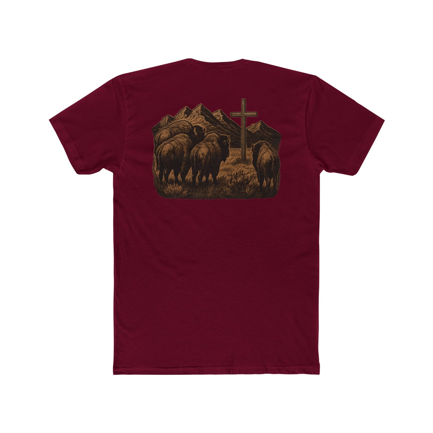 Maroon t-shirt with bison staring at a cross on the plains by the mountains #maroon