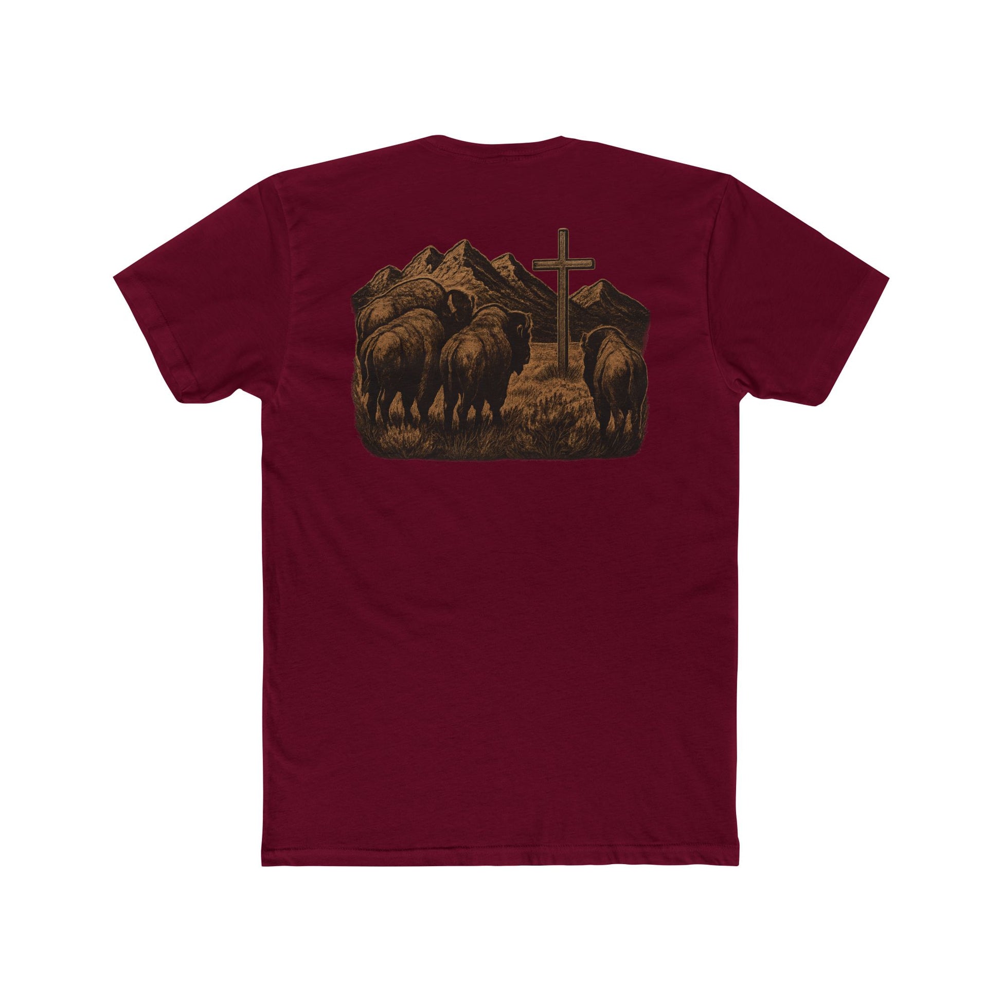 Maroon t-shirt with bison staring at a cross on the plains by the mountains #maroon