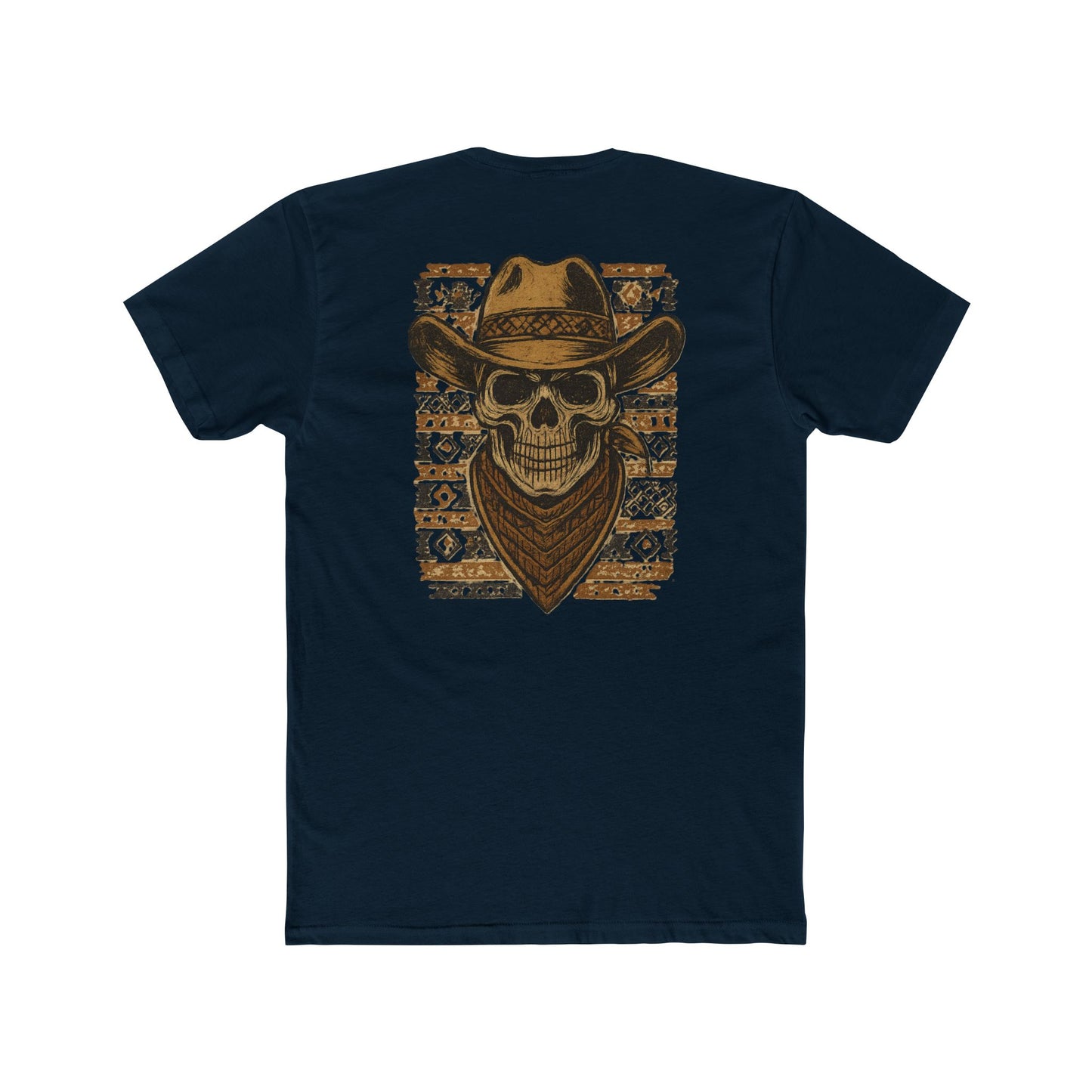 Midnight Navy t-shirt with graphic of a skull with cowboy hat and bandana surround by aztec print #midnightnavy