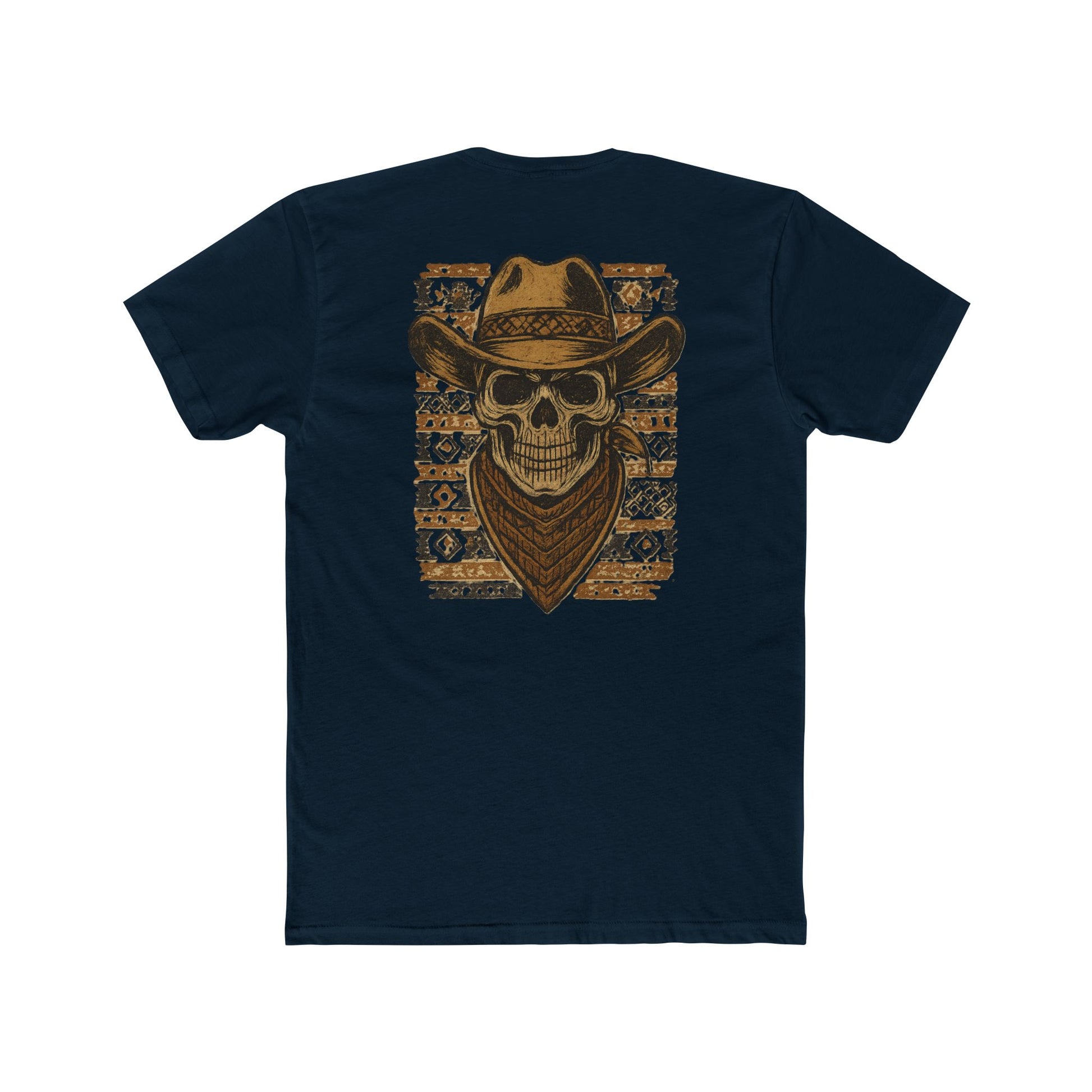 Midnight Navy t-shirt with graphic of a skull with cowboy hat and bandana surround by aztec print #midnightnavy