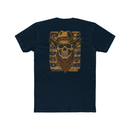Midnight Navy t-shirt with graphic of a skull with cowboy hat and bandana surround by aztec print #midnightnavy