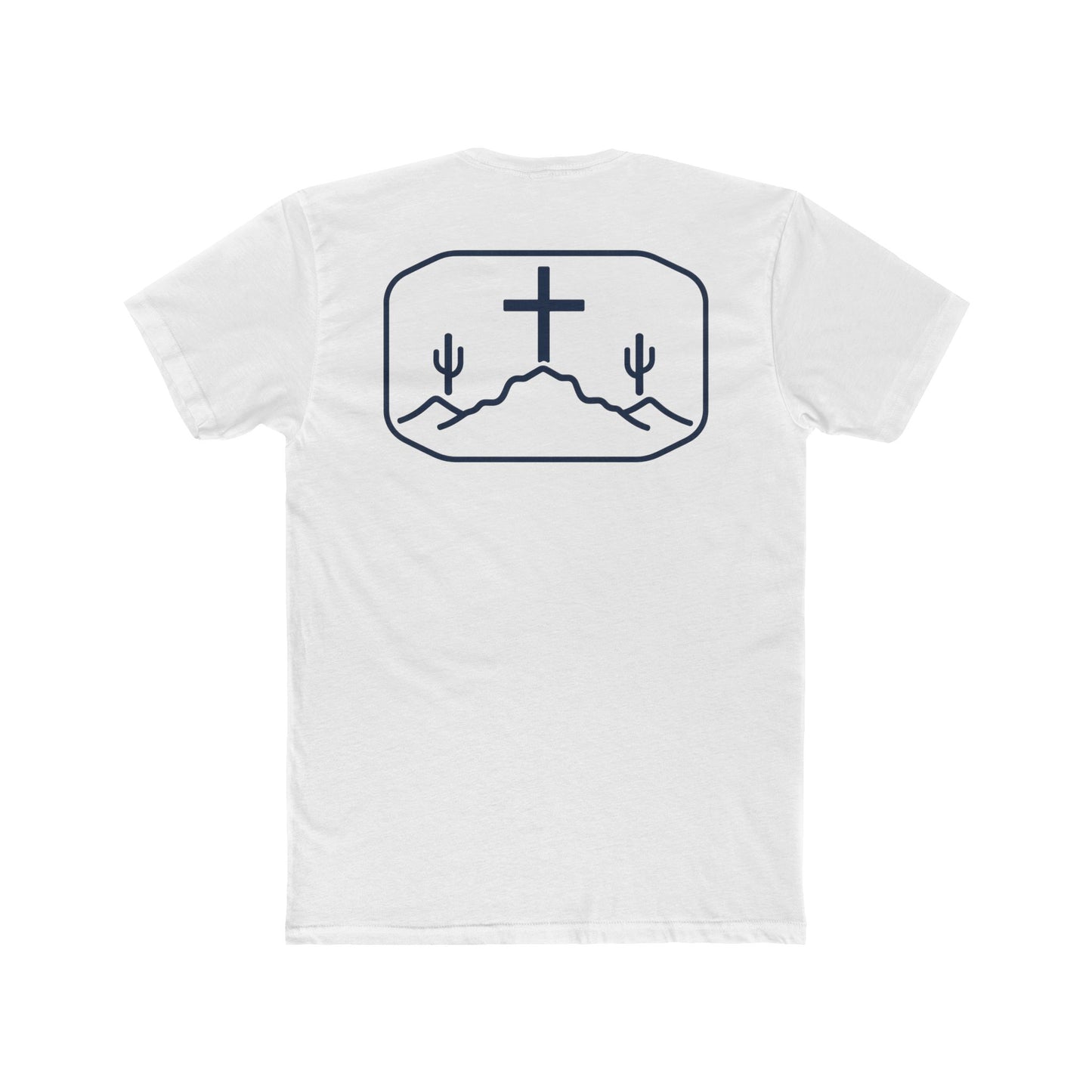 White t-shirt with cross, cacti, and mountains graphic #white