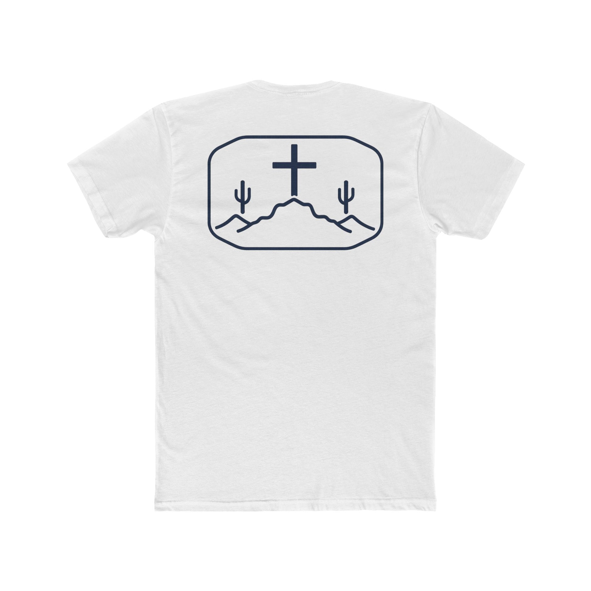 White t-shirt with cross, cacti, and mountains graphic #white