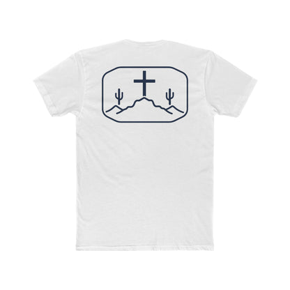White t-shirt with cross, cacti, and mountains graphic #white