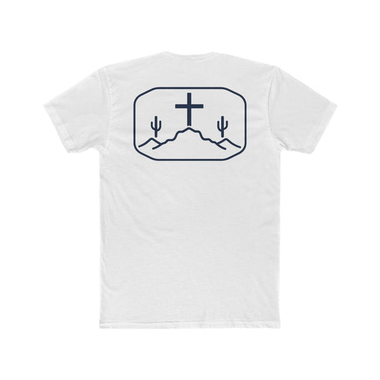 White t-shirt with cross, cacti, and mountains graphic #white
