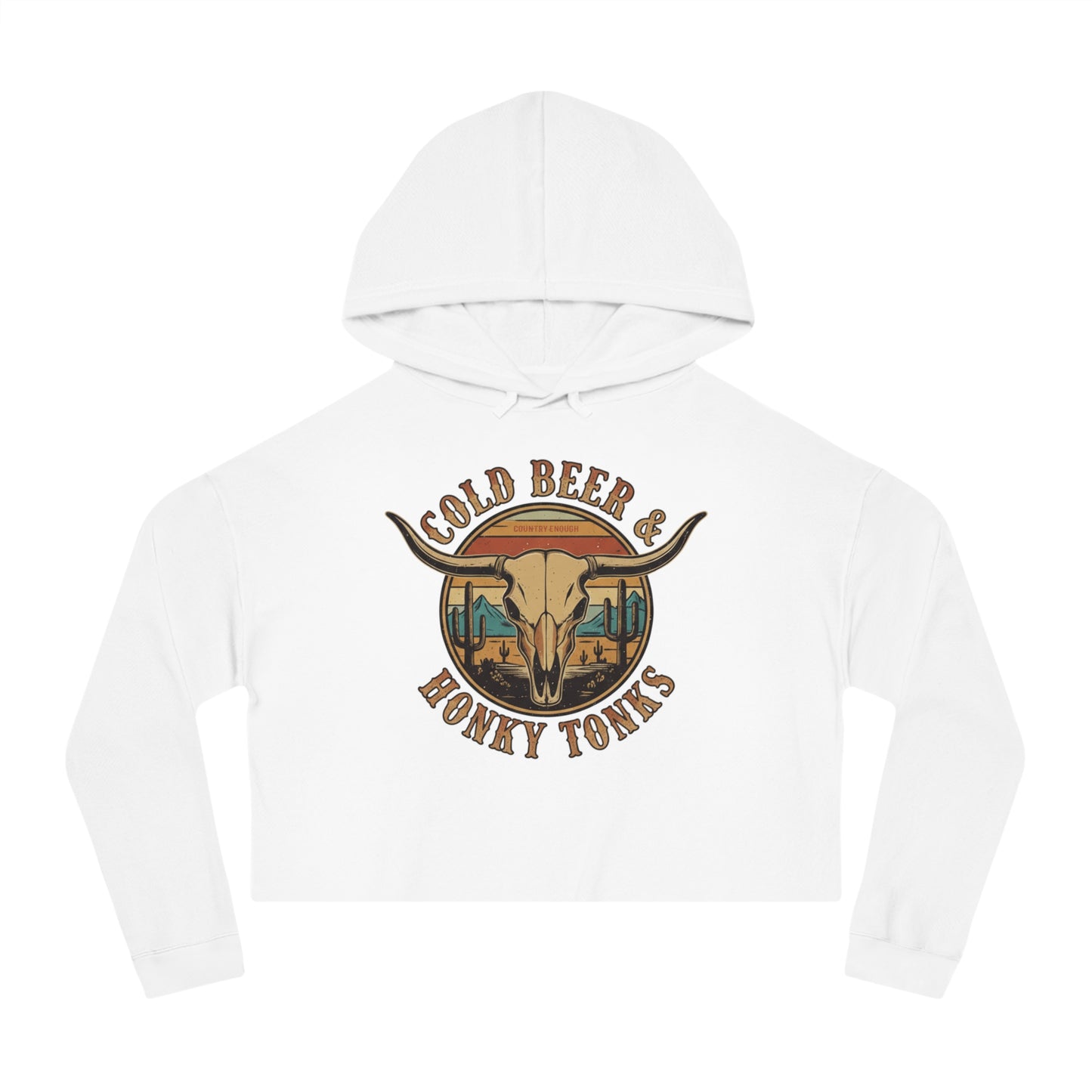 White crop hoodie with graphic of longhorn, cacti, and mountains over a retro background with words cold beer and honky tonks #white