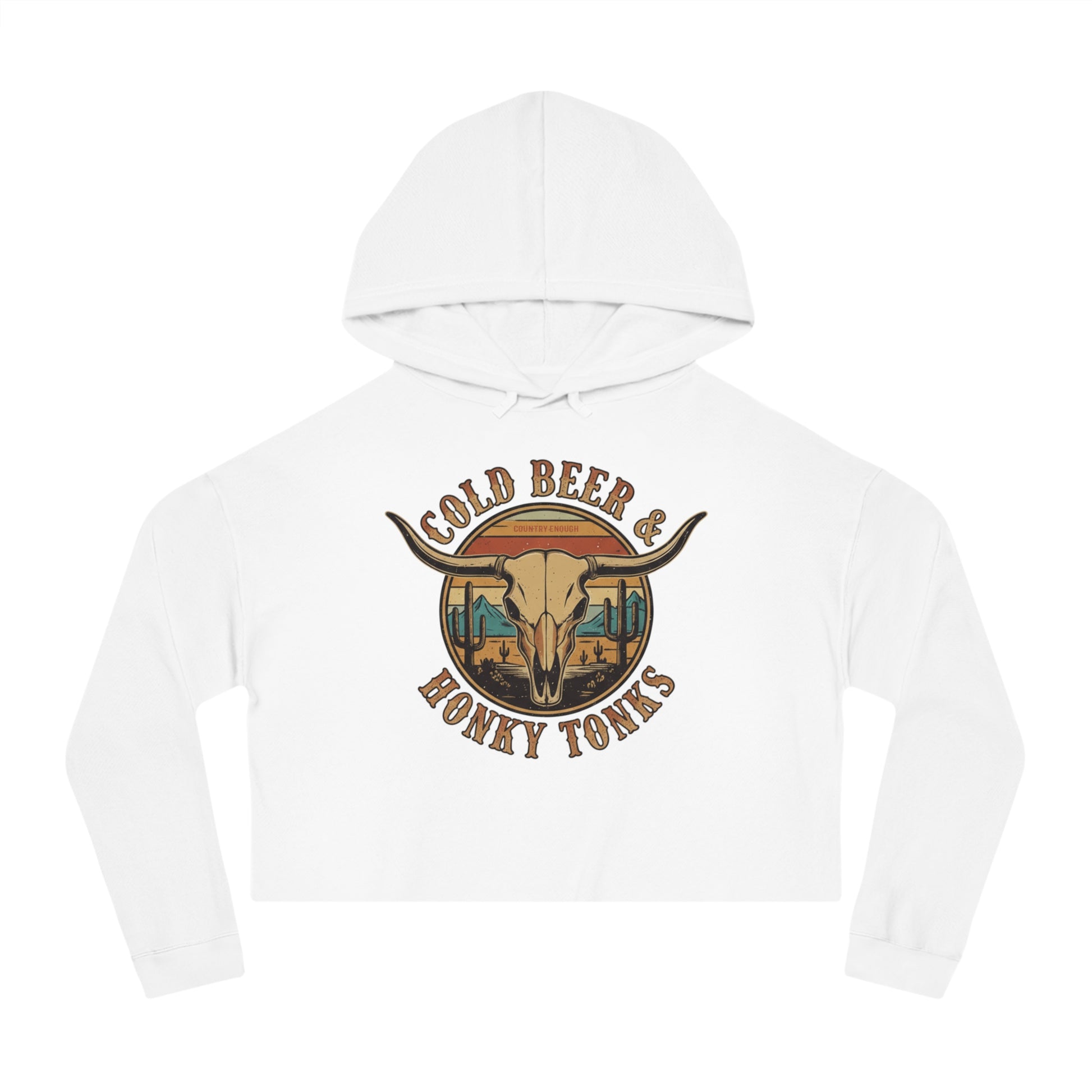 White crop hoodie with graphic of longhorn, cacti, and mountains over a retro background with words cold beer and honky tonks #white