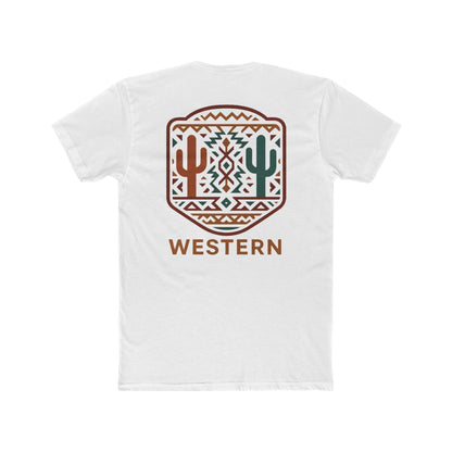 White t-shirt with graphic of mirrored cacti surrounded by aztec pattern and enclosed in a geometric border with word western below #white