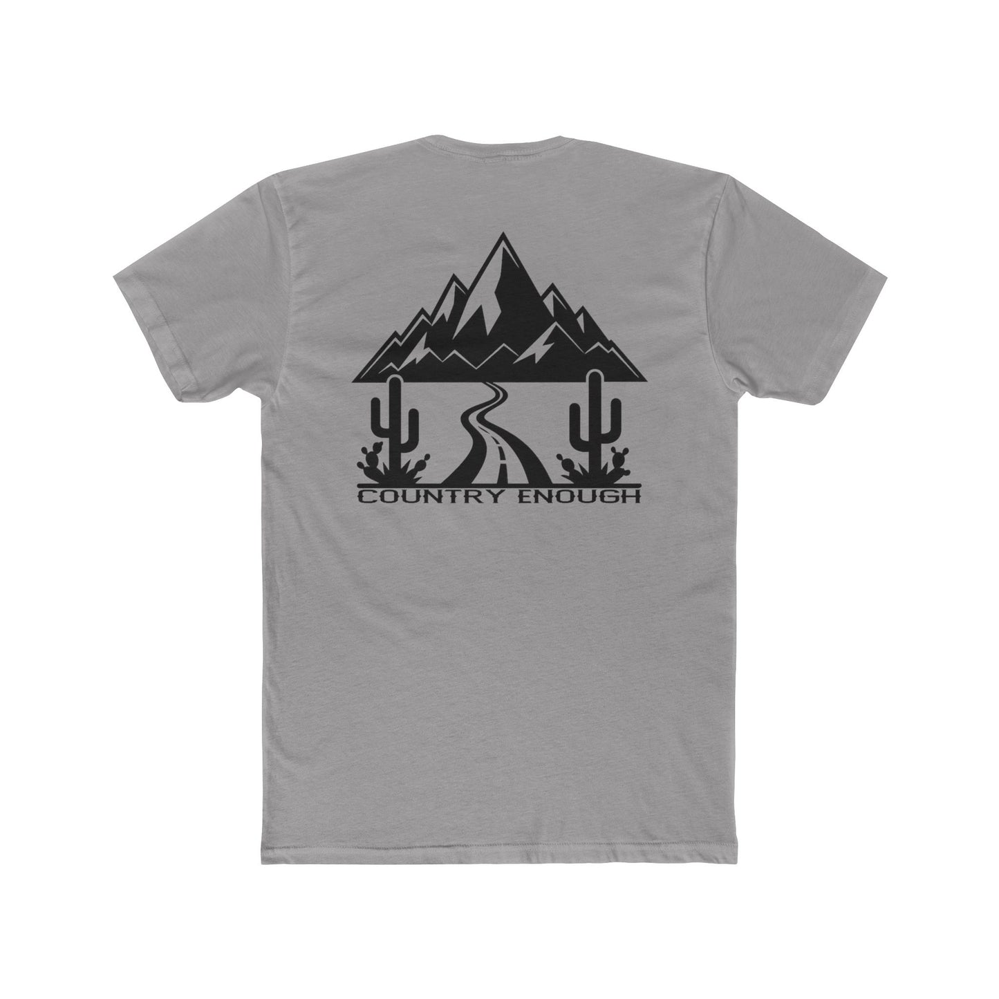 Gray t-shirt with mountain peaks, an open road, and desert cacti graphic #gray