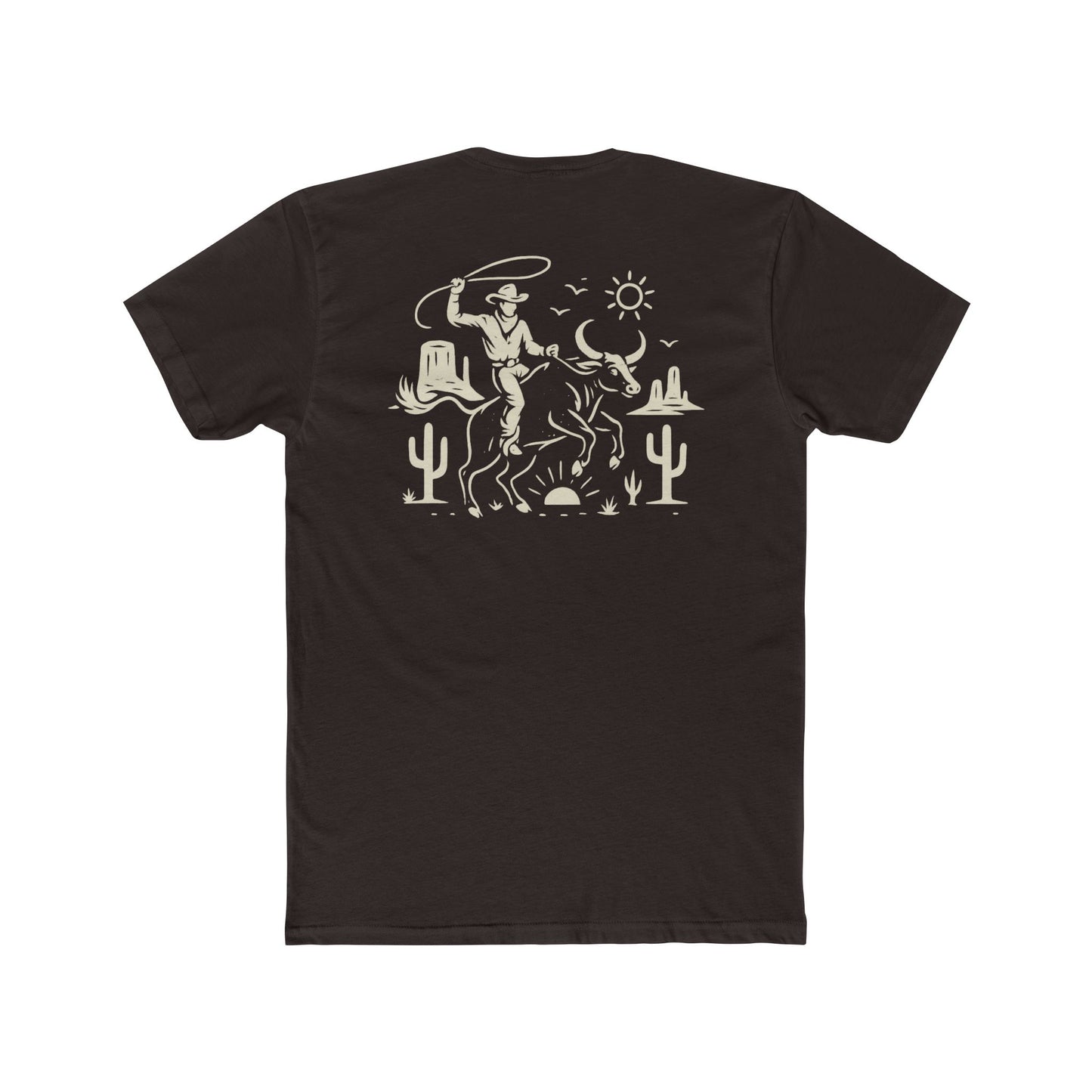 Dark Brown t-shirt with graphic of a cowboy lassoing on top of a bull in a desert landscape #darkbrown