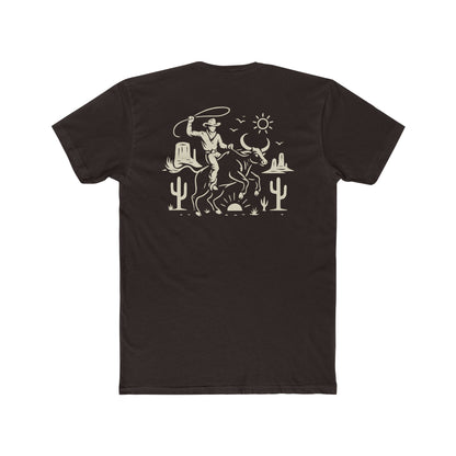 Dark Brown t-shirt with graphic of a cowboy lassoing on top of a bull in a desert landscape #darkbrown