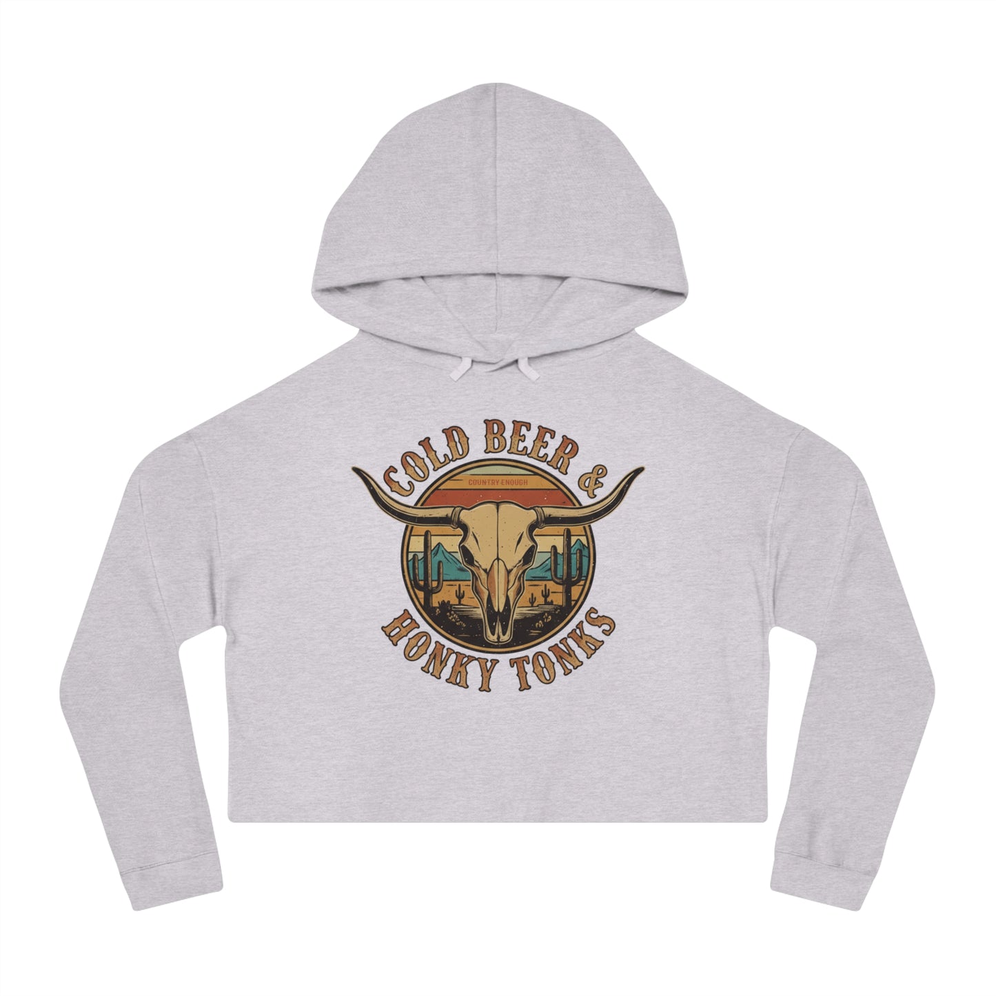 Heather Gray crop hoodie with graphic of longhorn, cacti, and mountains over a retro background with words cold beer and honky tonks #heathergray
