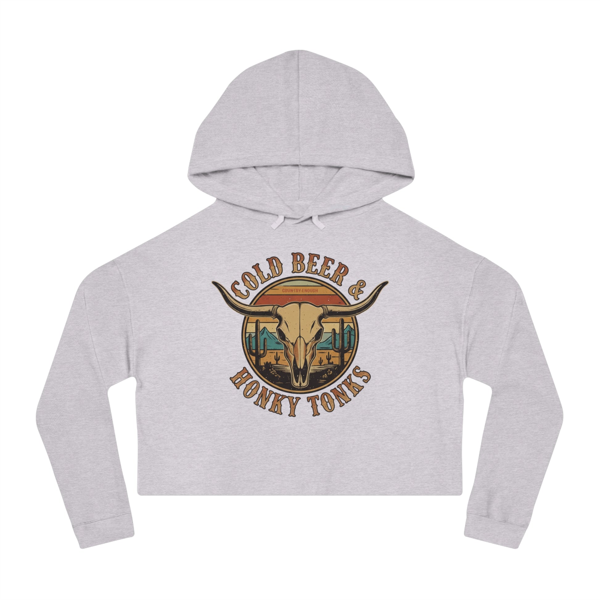Heather Gray crop hoodie with graphic of longhorn, cacti, and mountains over a retro background with words cold beer and honky tonks #heathergray