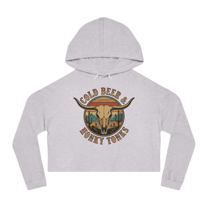 Heather Gray crop hoodie with graphic of longhorn, cacti, and mountains over a retro background with words cold beer and honky tonks #heathergray