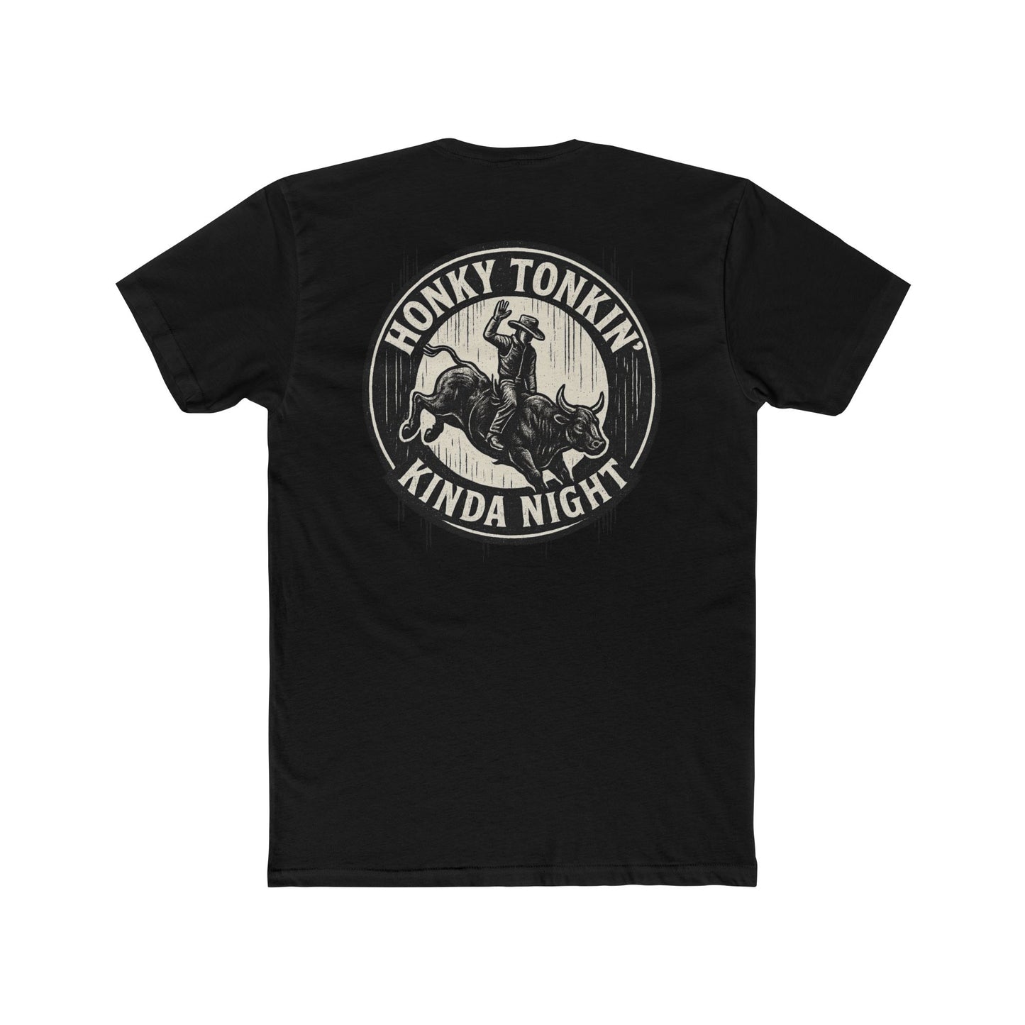 Black t-shirt with circular graphic of a bucking bull with rider and the phrase honky tonkin' kind night #black