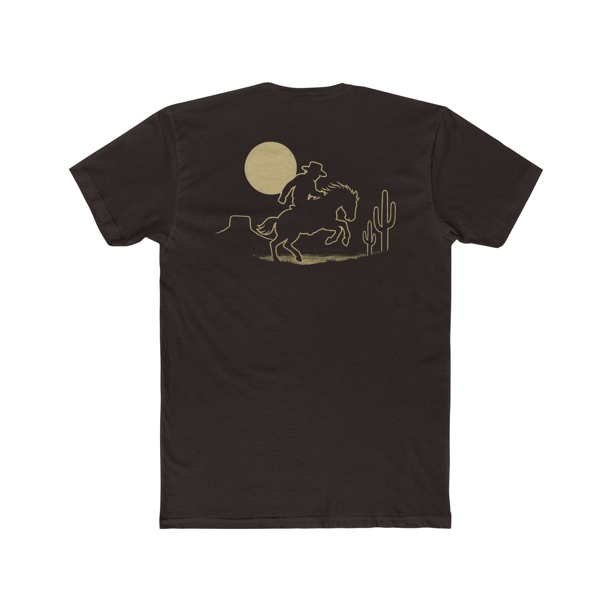 Dark Brown t-shirt featuring mountains, cactus, horse and rider, and a full moon. #darkbrown