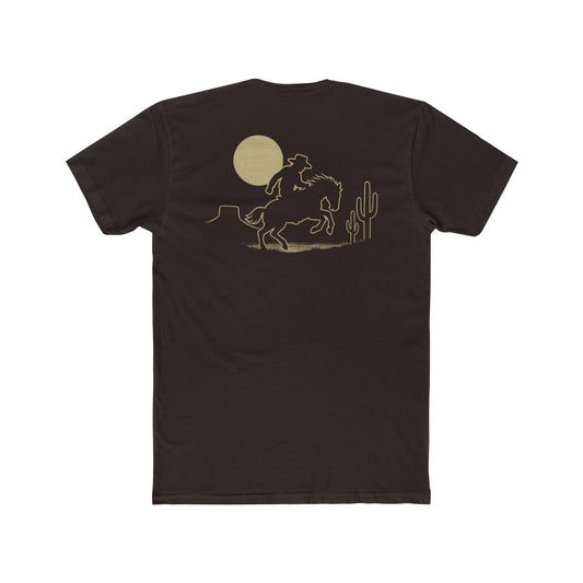Dark Brown t-shirt featuring mountains, cactus, horse and rider, and a full moon. #darkbrown