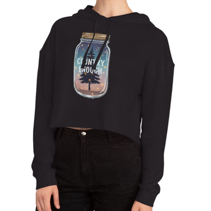 Black crop hoodie with mason jar, pine trees, and stars graphic #black