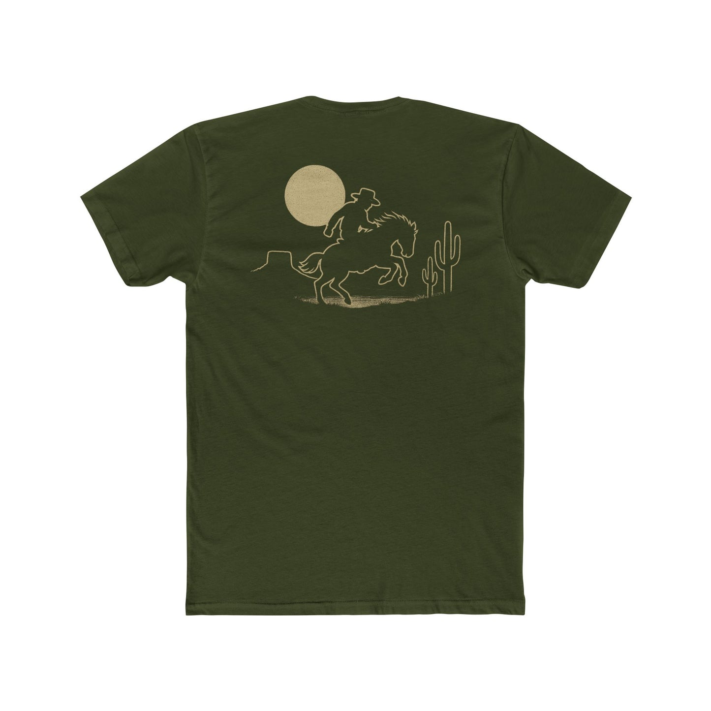 Military Green t-shirt featuring mountains, cactus, horse and rider, and a full moon. #militarygreen