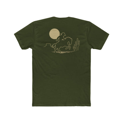 Military Green t-shirt featuring mountains, cactus, horse and rider, and a full moon. #militarygreen