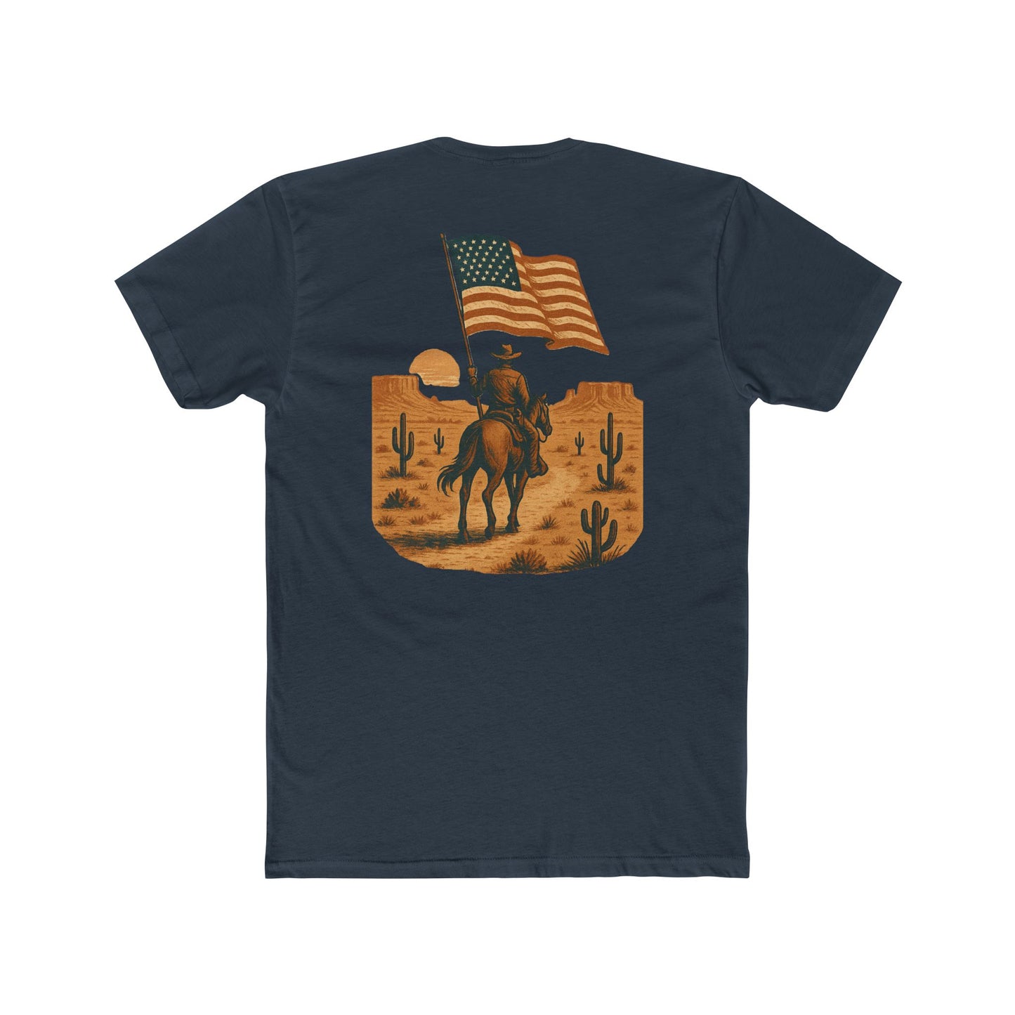 Indigo t-shirt with graphic of western horse and rider holding the American flag in the desert with cacti at sunset #indigo