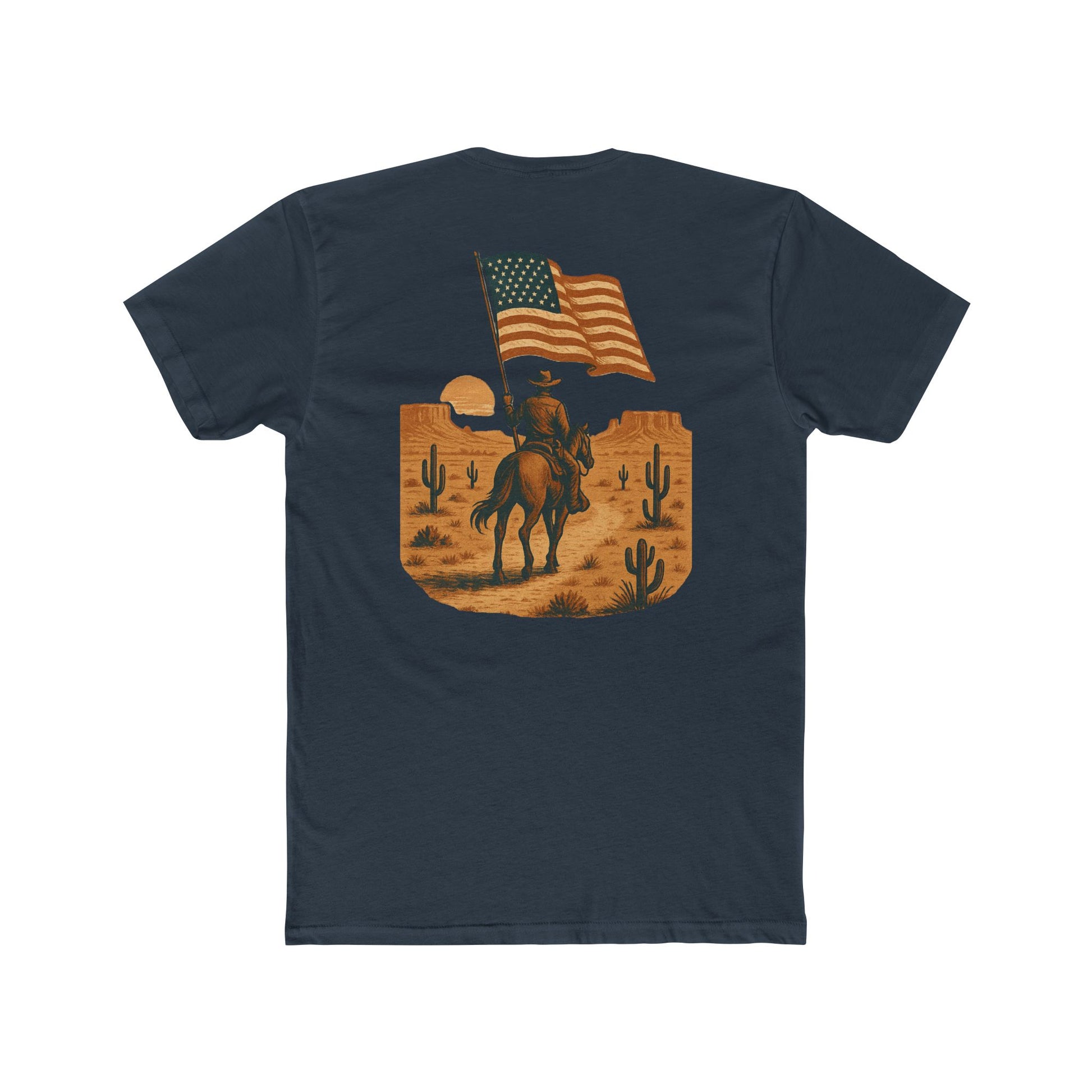 Indigo t-shirt with graphic of western horse and rider holding the American flag in the desert with cacti at sunset #indigo