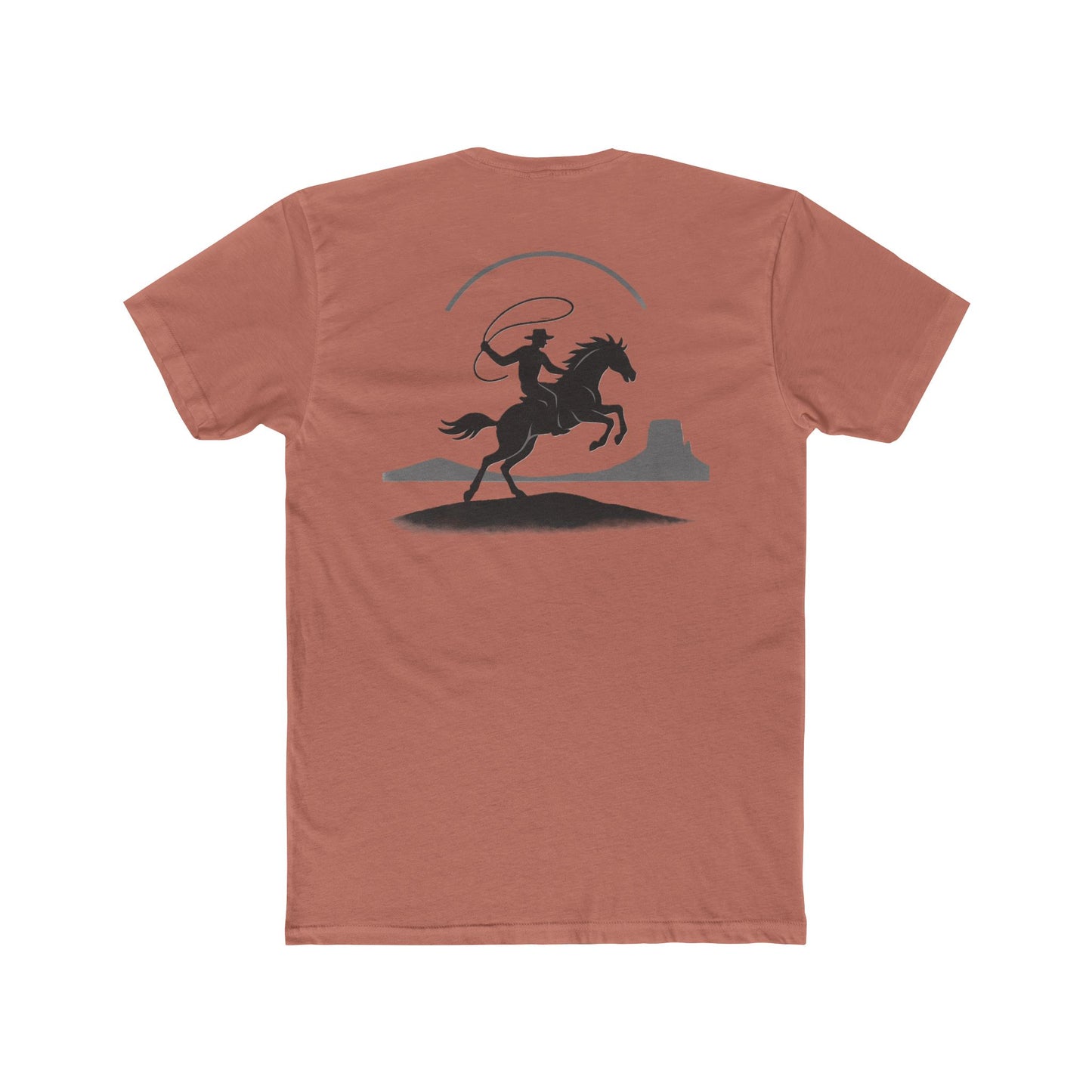 Desert Pink t-shirt with graphic of silhouetted cowboy lassoing and desert landscape #desertpink