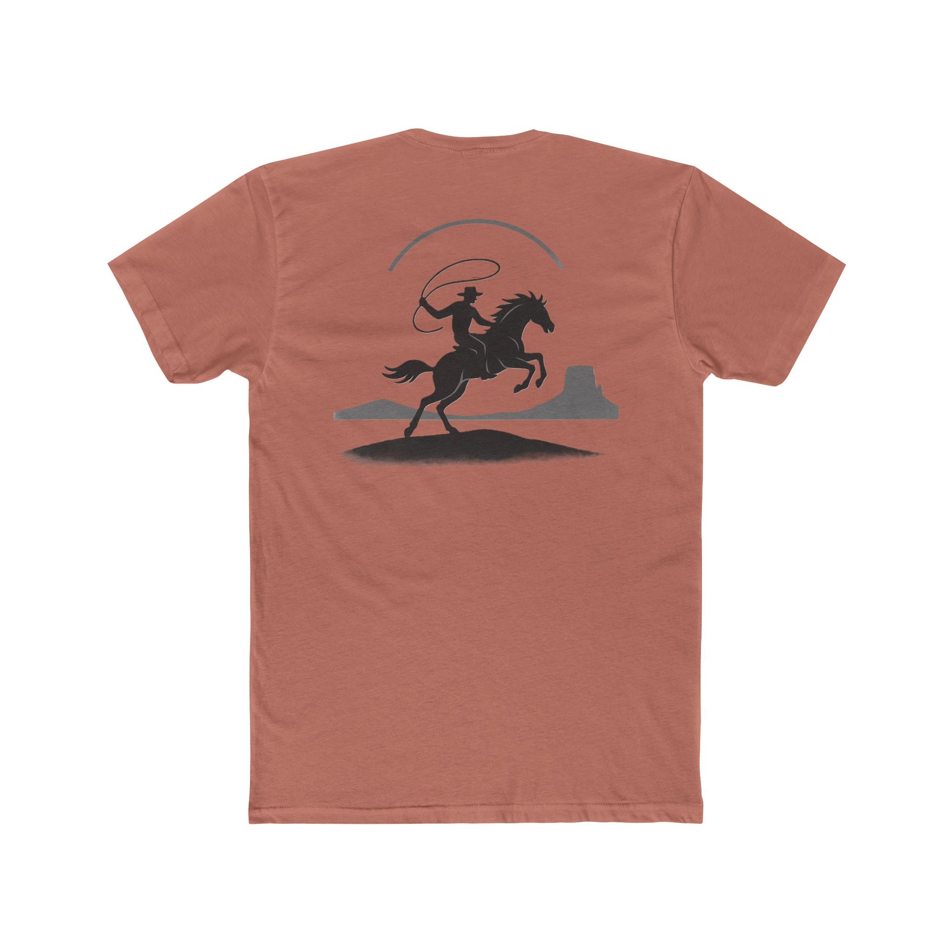 Desert Pink t-shirt with graphic of silhouetted cowboy lassoing and desert landscape #desertpink