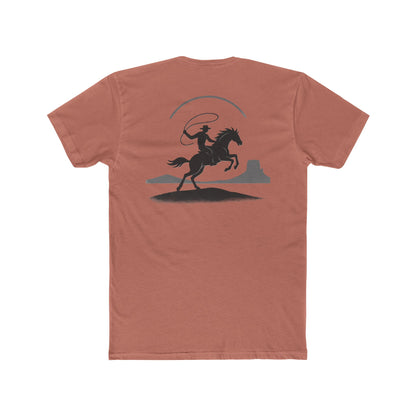 Desert Pink t-shirt with graphic of silhouetted cowboy lassoing and desert landscape #desertpink
