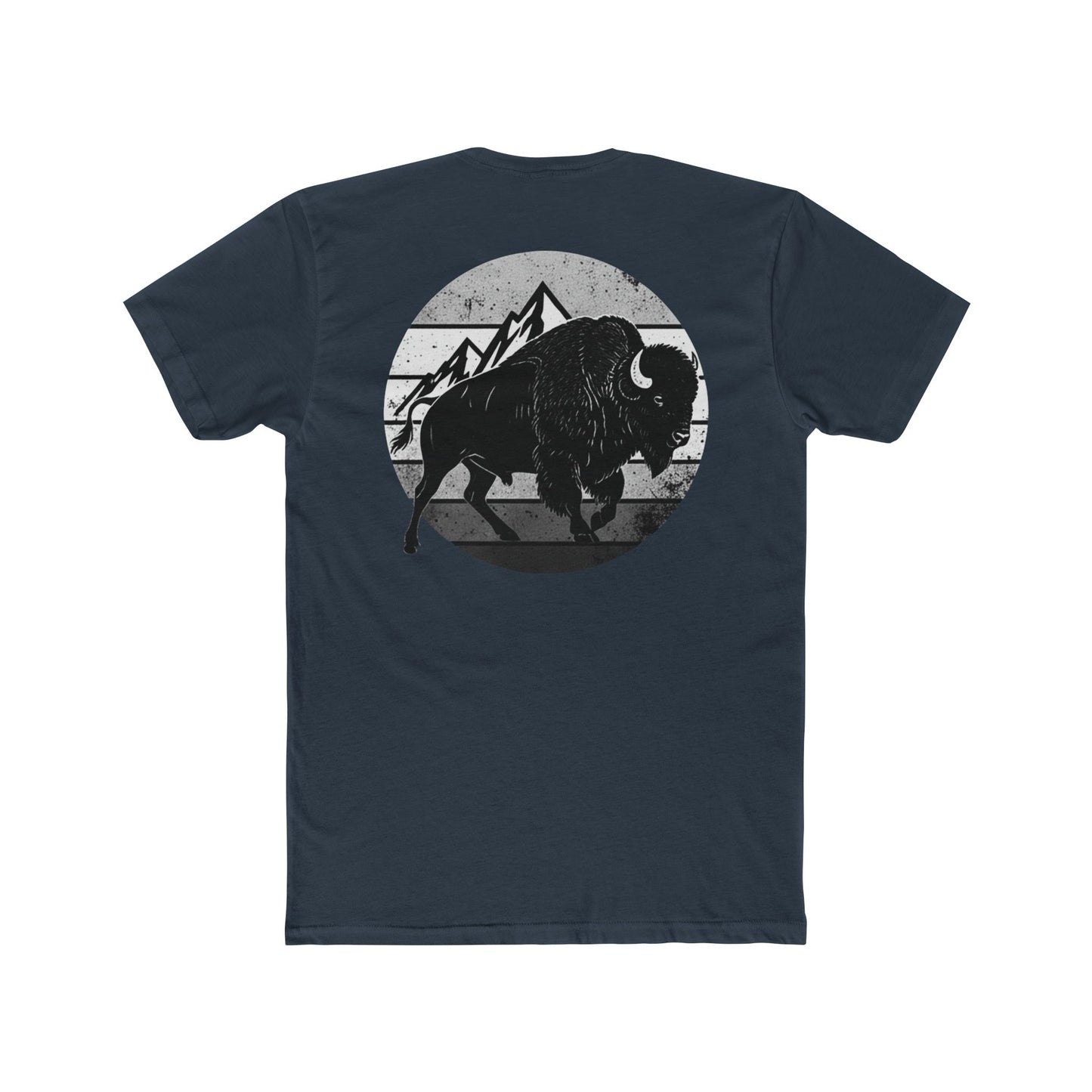 Indigo t-shirt with a black and gray graphic of a bison and mountains #indigo