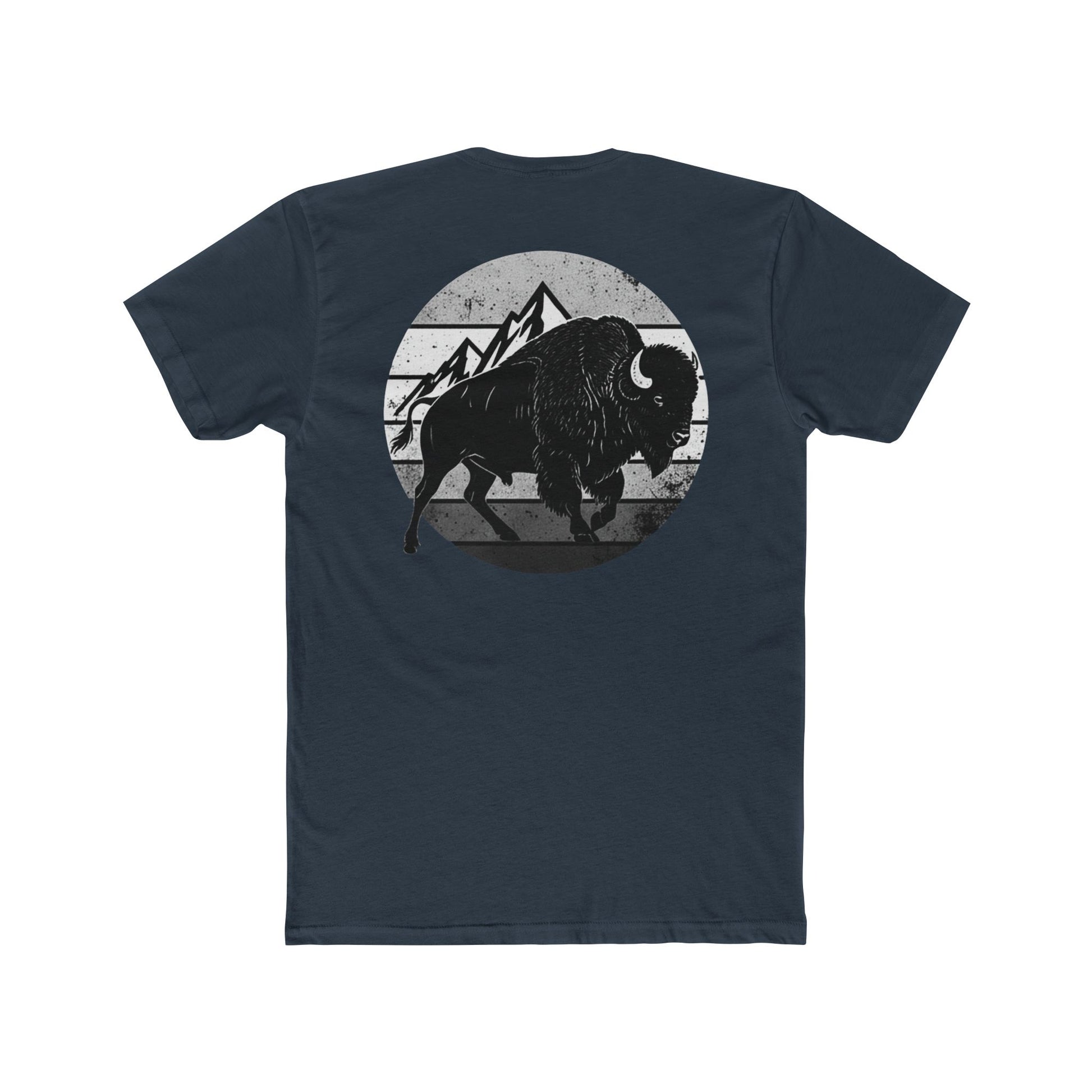 Indigo t-shirt with a black and gray graphic of a bison and mountains #indigo