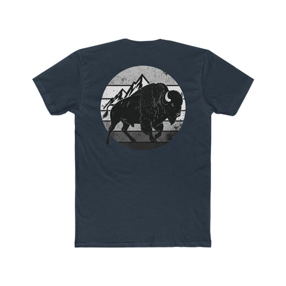 Indigo t-shirt with a black and gray graphic of a bison and mountains #indigo
