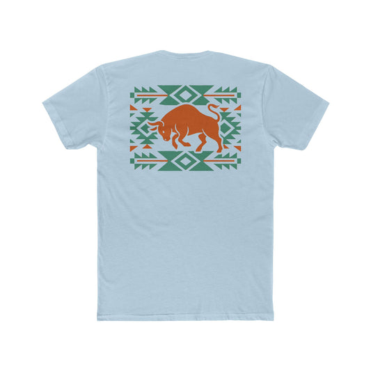 Light Blue t-shirt with graphic of charging bull surround by aztec pattern #lightblue