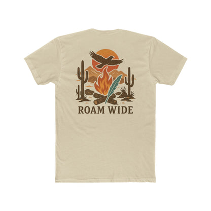 Cream t-shirt with graphic of a campfire, bird, sun, cacti, and mountains in the desert with the words roam wide #cream