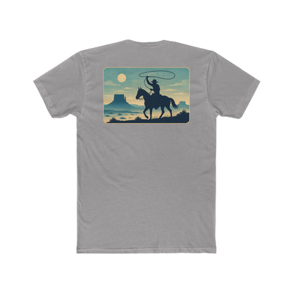 Gray t-shirt featuring horse rider, western landscape, and sun #gray