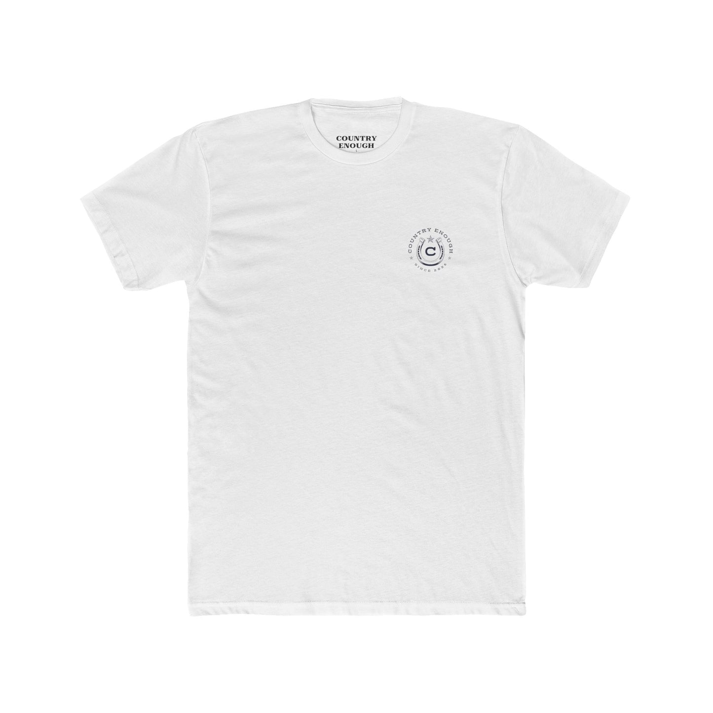 White t-shirt featuring horse rider, western landscape, and sun #white