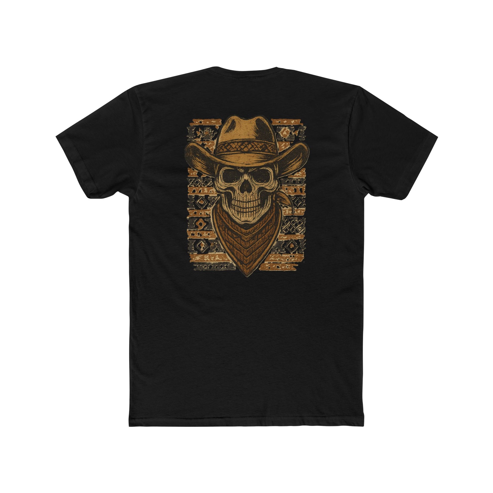 Black t-shirt with graphic of a skull with cowboy hat and bandana surround by aztec print #black