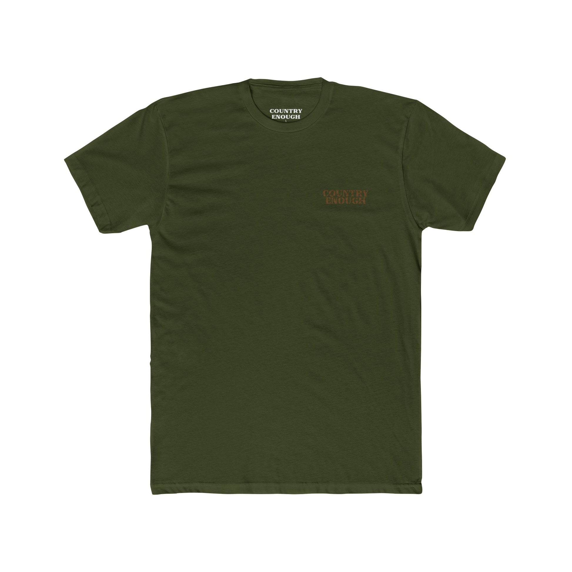 Military Green t-shirt with graphic design of a buck in the woods and words roam wide #militarygreen
