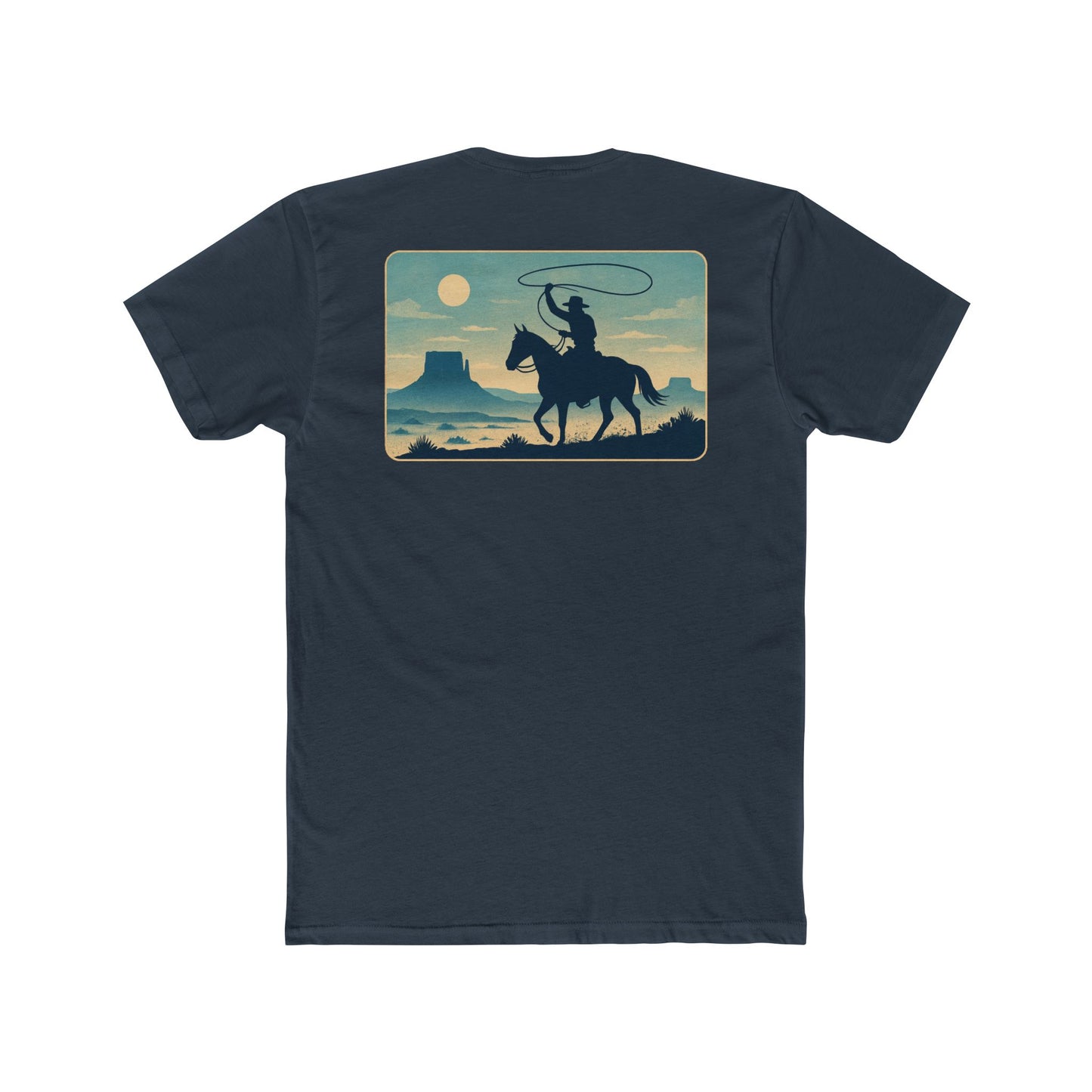 Indigo t-shirt featuring horse rider, western landscape, and sun #indigo
