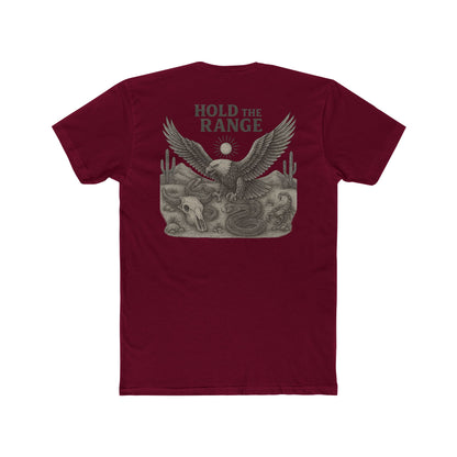 Cardinal Red T-Shirt with graphic of desert landscape, eagle, bull skull, cacti, scorpion, sun, and words hold the range #cardinalred
