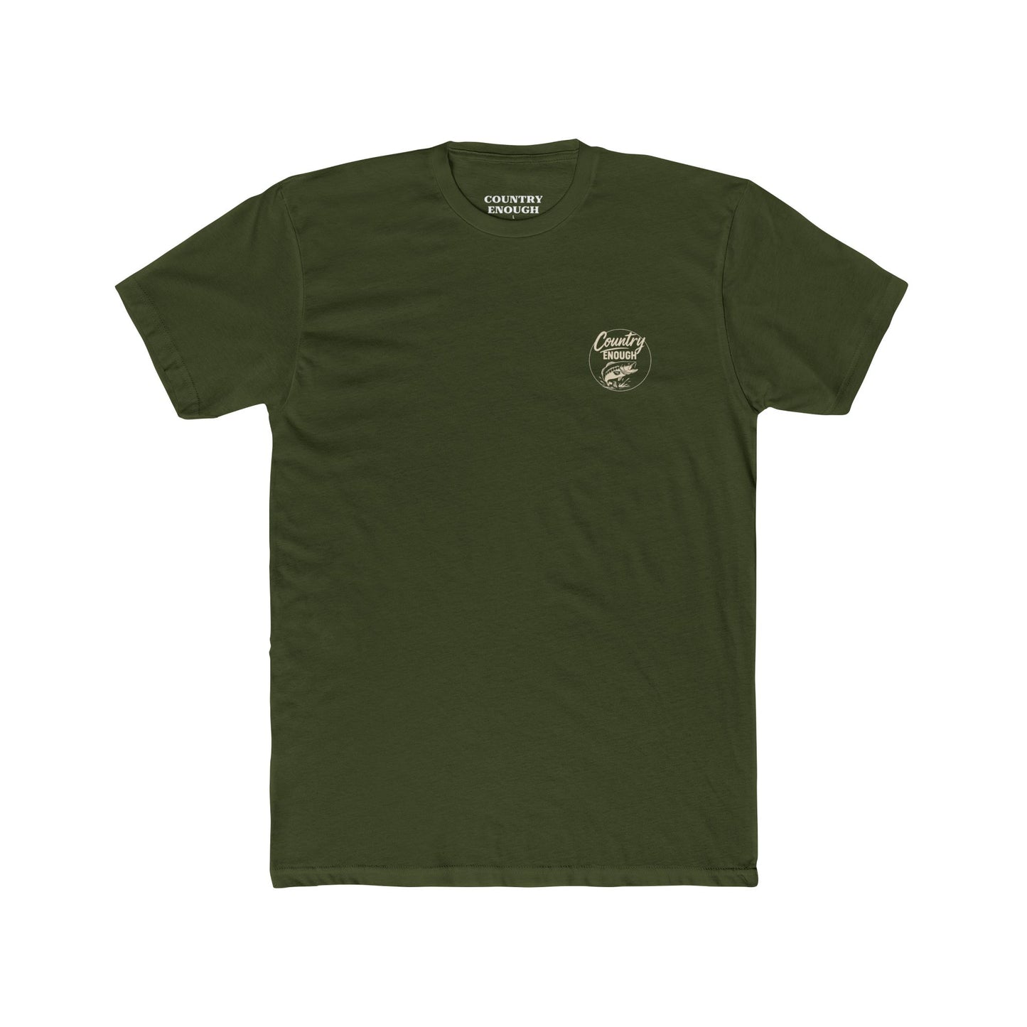Military Green t-shirt with graphic of a leaping bass and the words country enough #militarygreen