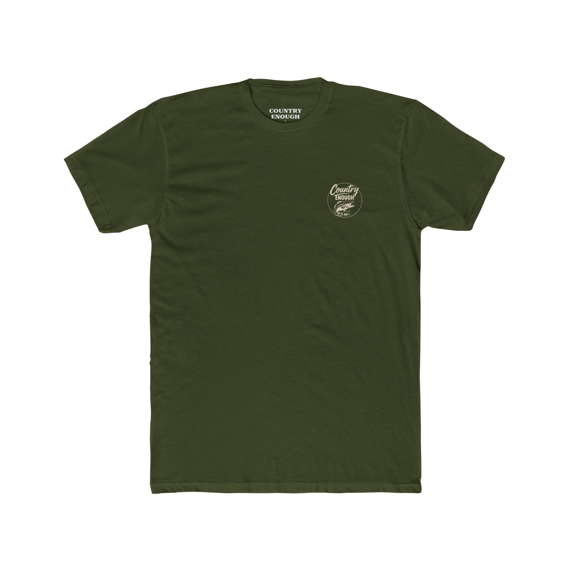 Military Green t-shirt with graphic of a leaping bass and the words country enough #militarygreen