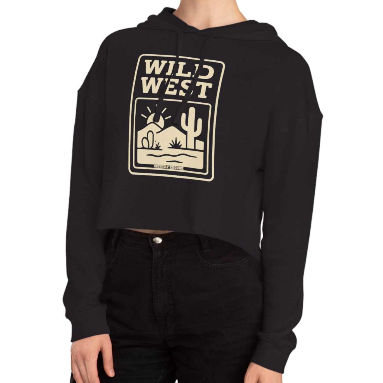Black hoodie with sunset, desert landscape, and wild west text graphic #black