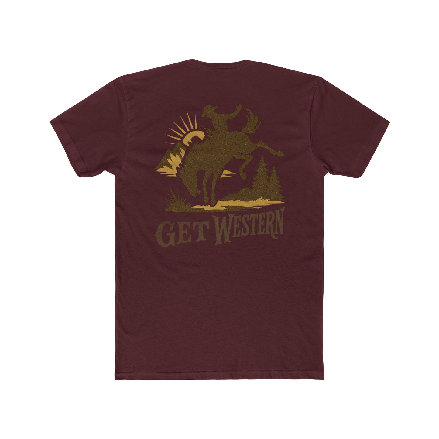 Maroon t-shirt with a graphic of a cowboy on a horse and 'Get Western' text #maroon