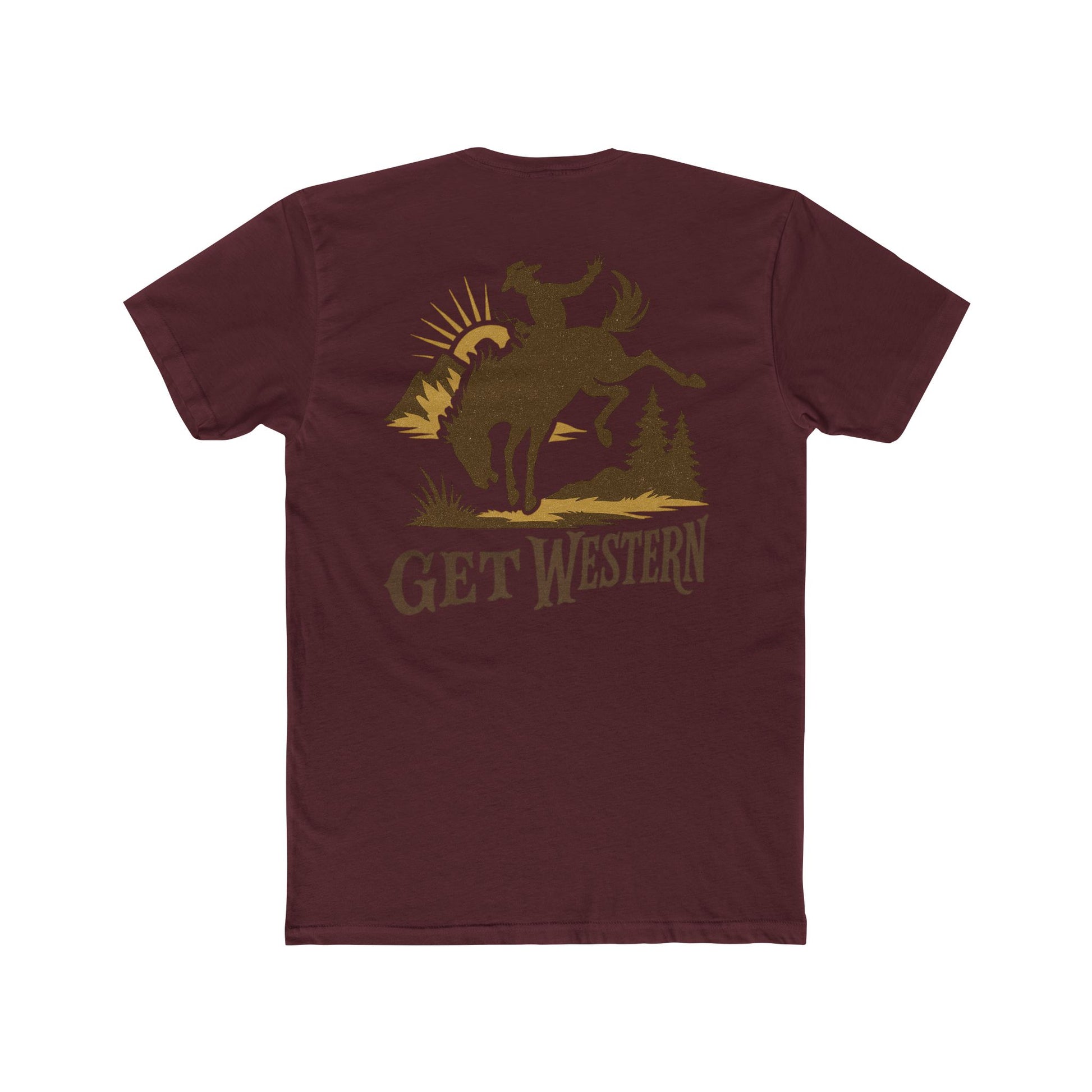 Maroon t-shirt with a graphic of a cowboy on a horse and 'Get Western' text #maroon